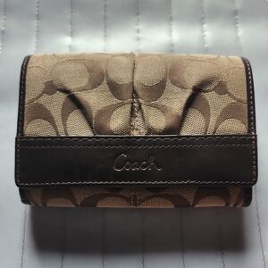 Coach Signature Brown Wallet Woven Jacquard Fabric Leather